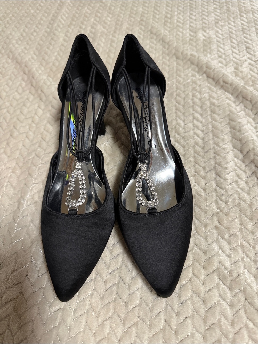 easy street Black Pointed Toe Heels with Crystal Teardrop Accent